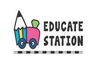 logo of Education Station pink train with blue and yellow pencil